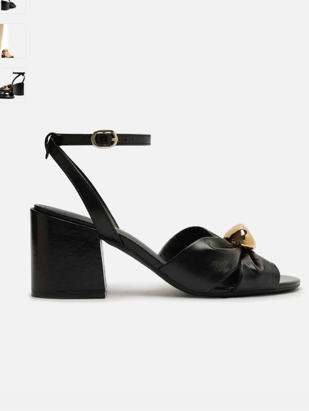 Black Leather Block Heel Sandals with Gold Accent Knot